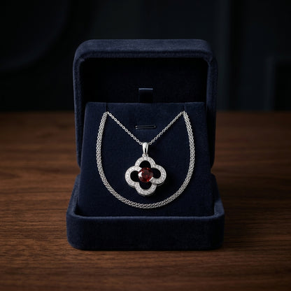 Garnet And Diamond Clover Pendant In 14k White Gold (17-in Curb Chain) — gift presentation