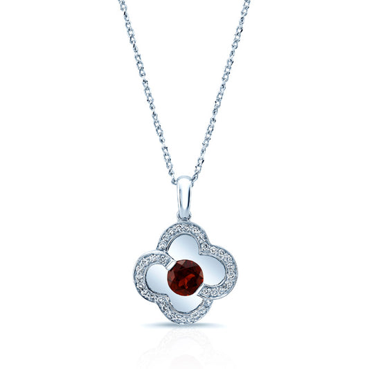Garnet And Diamond Clover Pendant In 14k White Gold (17-in Curb Chain)