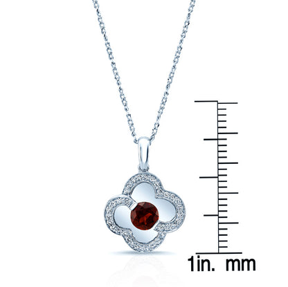 Garnet And Diamond Clover Pendant In 14k White Gold (17-in Curb Chain)