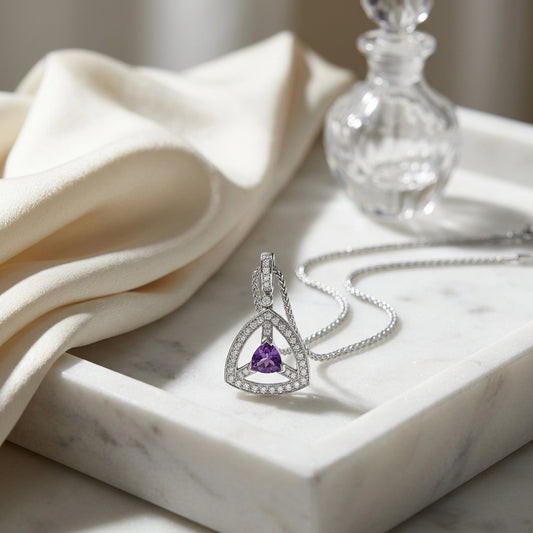 Amethyst And Diamond Triangular Dangle Pendant In 14k White Gold (17-in Wheat Chain) — atelier still life
