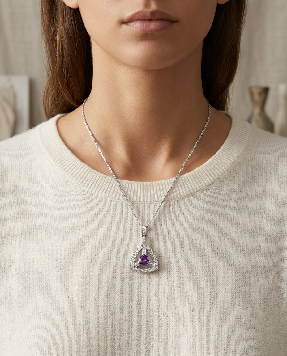 Amethyst And Diamond Triangular Dangle Pendant In 14k White Gold (17-in Wheat Chain) — editorial close-up
