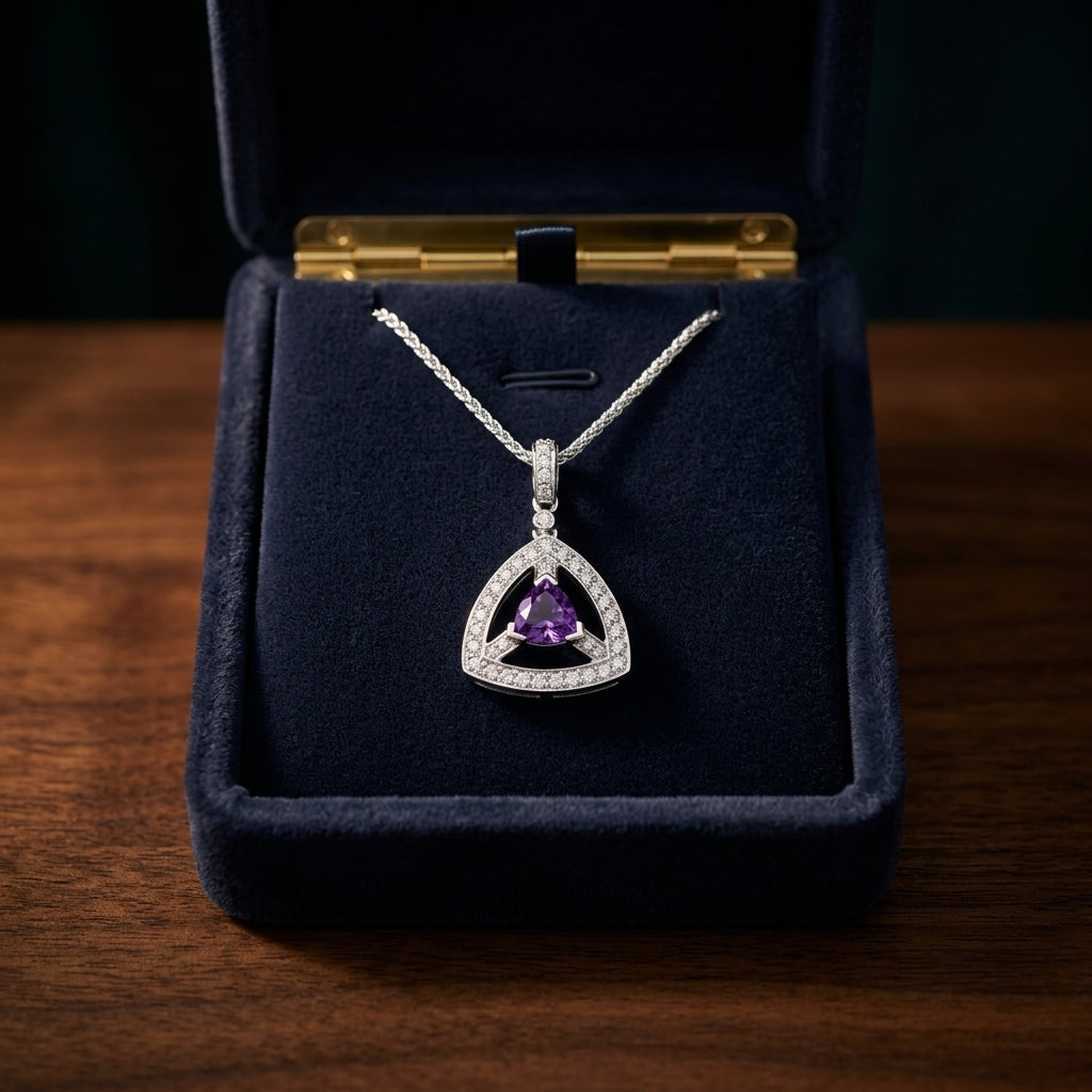 Amethyst And Diamond Triangular Dangle Pendant In 14k White Gold (17-in Wheat Chain) — gift presentation