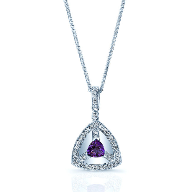 Amethyst And Diamond Triangular Dangle Pendant In 14k White Gold (17-in Wheat Chain)