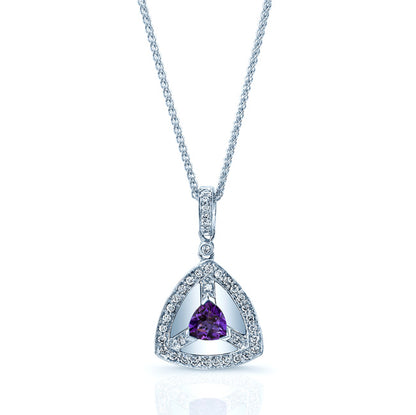 Amethyst And Diamond Triangular Dangle Pendant In 14k White Gold (17-in Wheat Chain)