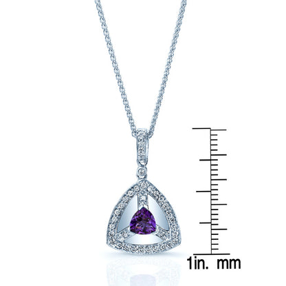 Amethyst And Diamond Triangular Dangle Pendant In 14k White Gold (17-in Wheat Chain)