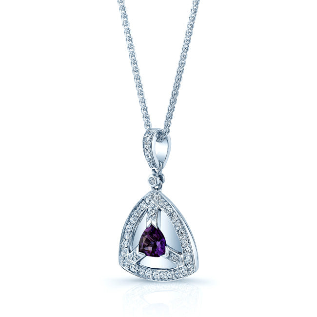 Amethyst And Diamond Triangular Dangle Pendant In 14k White Gold (17-in Wheat Chain)