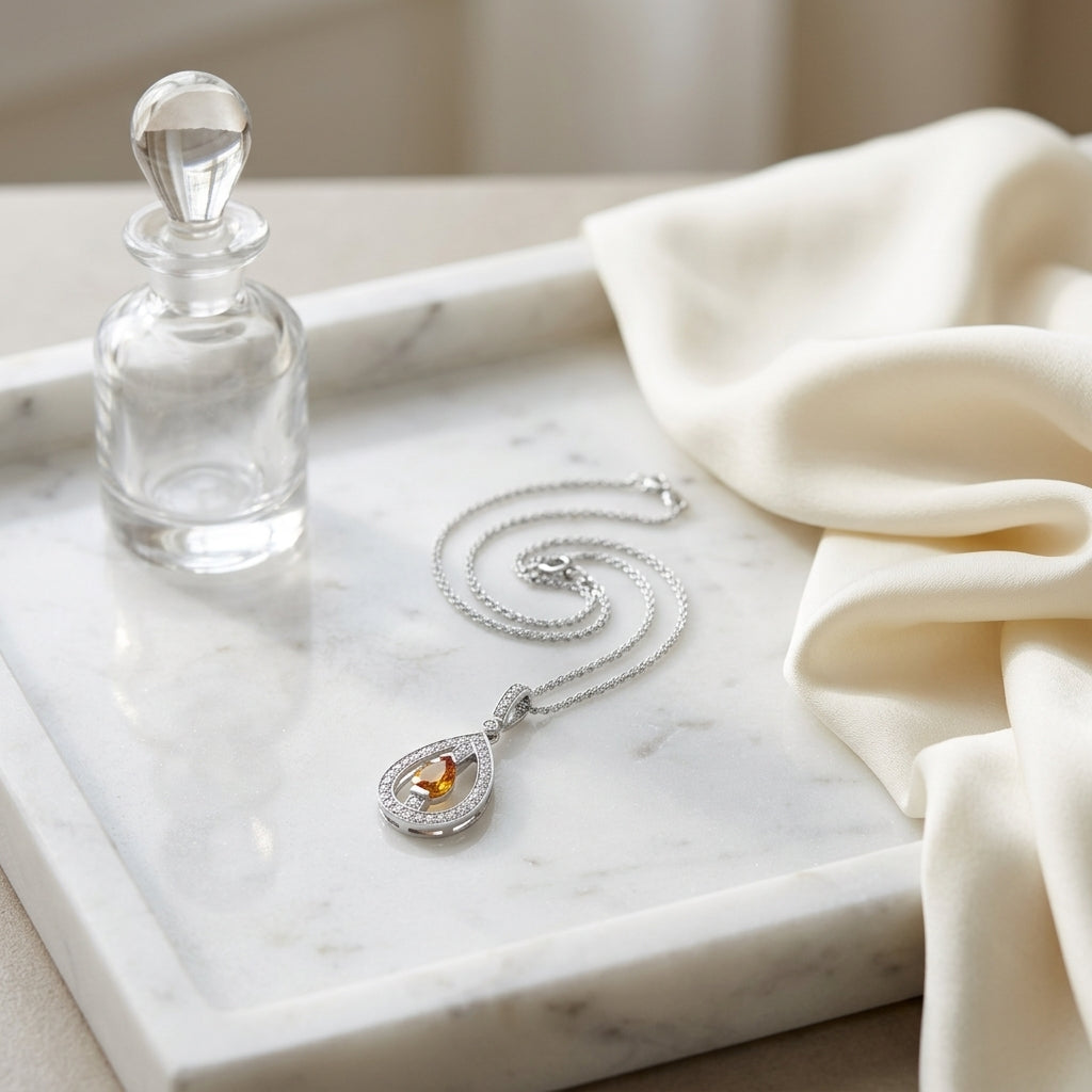 Citrine And Diamond Teardrop Dangle Pendant In 14k White Gold ( 17-in Wheat Chain) — atelier still life
