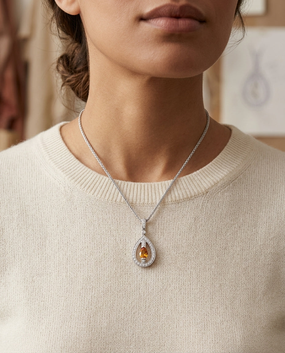 Citrine And Diamond Teardrop Dangle Pendant In 14k White Gold ( 17-in Wheat Chain) — editorial close-up