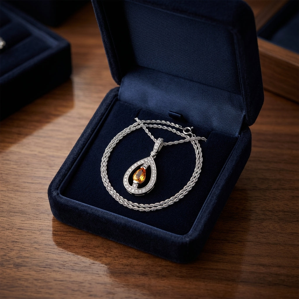 Citrine And Diamond Teardrop Dangle Pendant In 14k White Gold ( 17-in Wheat Chain) — gift presentation