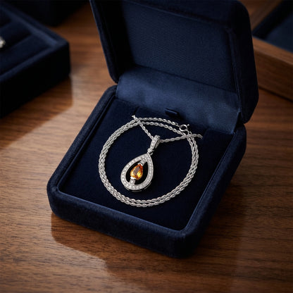 Citrine And Diamond Teardrop Dangle Pendant In 14k White Gold ( 17-in Wheat Chain) — gift presentation