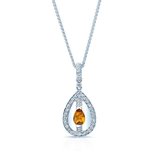 Citrine And Diamond Teardrop Dangle Pendant In 14k White Gold ( 17-in Wheat Chain)