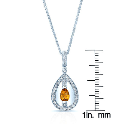 Citrine And Diamond Teardrop Dangle Pendant In 14k White Gold ( 17-in Wheat Chain)