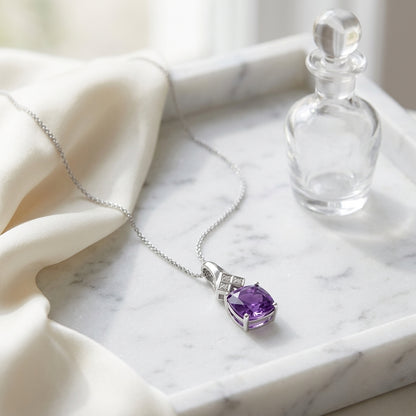 Amethyst And Diamond Cushion Dangle Pendant In 14k White Gold (18-in Curb Chain) — atelier still life