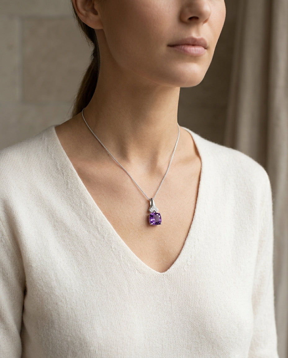 Amethyst And Diamond Cushion Dangle Pendant In 14k White Gold (18-in Curb Chain) — editorial close-up
