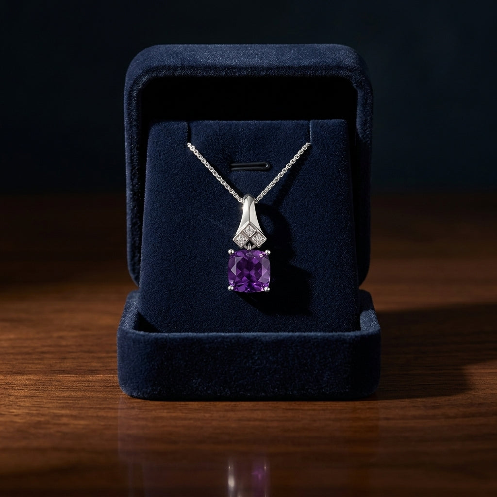 Amethyst And Diamond Cushion Dangle Pendant In 14k White Gold (18-in Curb Chain) — gift presentation