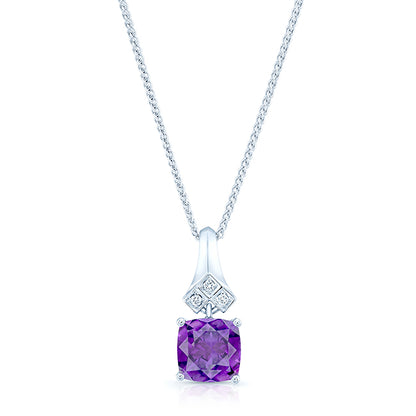 Amethyst And Diamond Cushion Dangle Pendant In 14k White Gold (18-in Curb Chain)