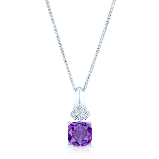 Amethyst And Diamond Cushion Dangle Pendant In 14k White Gold (18-in Curb Chain)