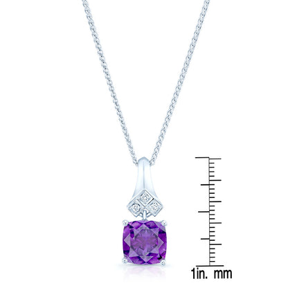 Amethyst And Diamond Cushion Dangle Pendant In 14k White Gold (18-in Curb Chain)