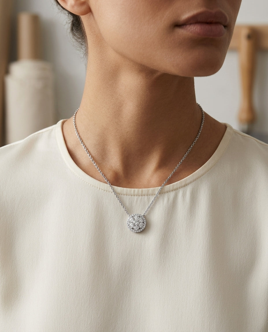 Diamond Halo Cluster Slide Pendant , 16-18 Inch Adj Chain in 14K White Gold - lifestyle