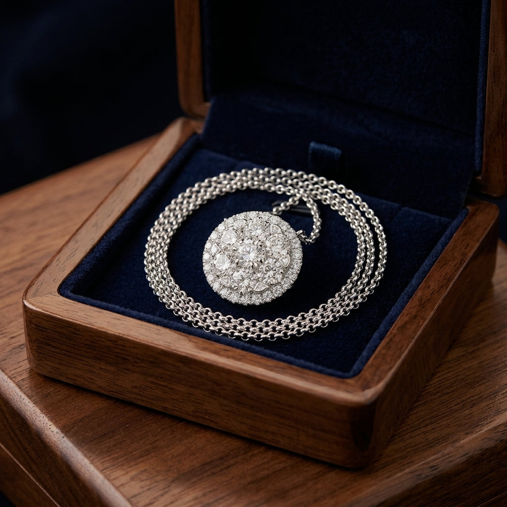 Diamond Halo Cluster Slide Pendant , 16-18 Inch Adj Chain in 14K White Gold - presentation