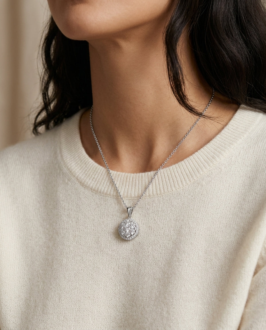 Diamond Halo Pendant In 14k White Gold — editorial close-up