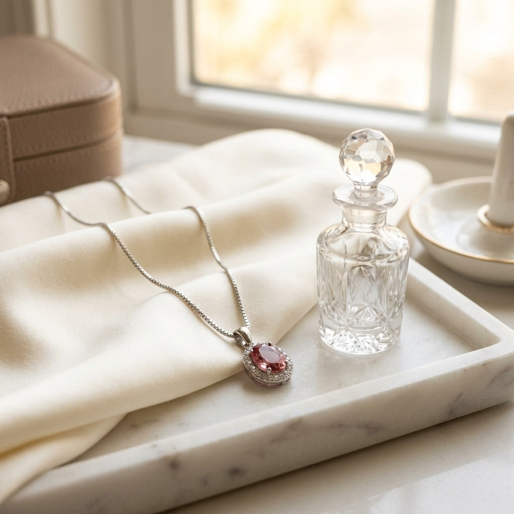 Pink Tourmaline And Diamond Oval Halo Pendant In 14k White Gold — marble silk