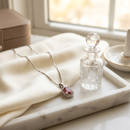 Pink Tourmaline And Diamond Oval Halo Pendant In 14k White Gold — marble silk