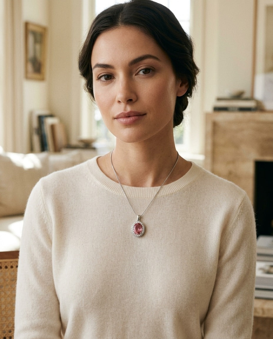 Pink Tourmaline And Diamond Oval Halo Pendant In 14k White Gold — portrait close