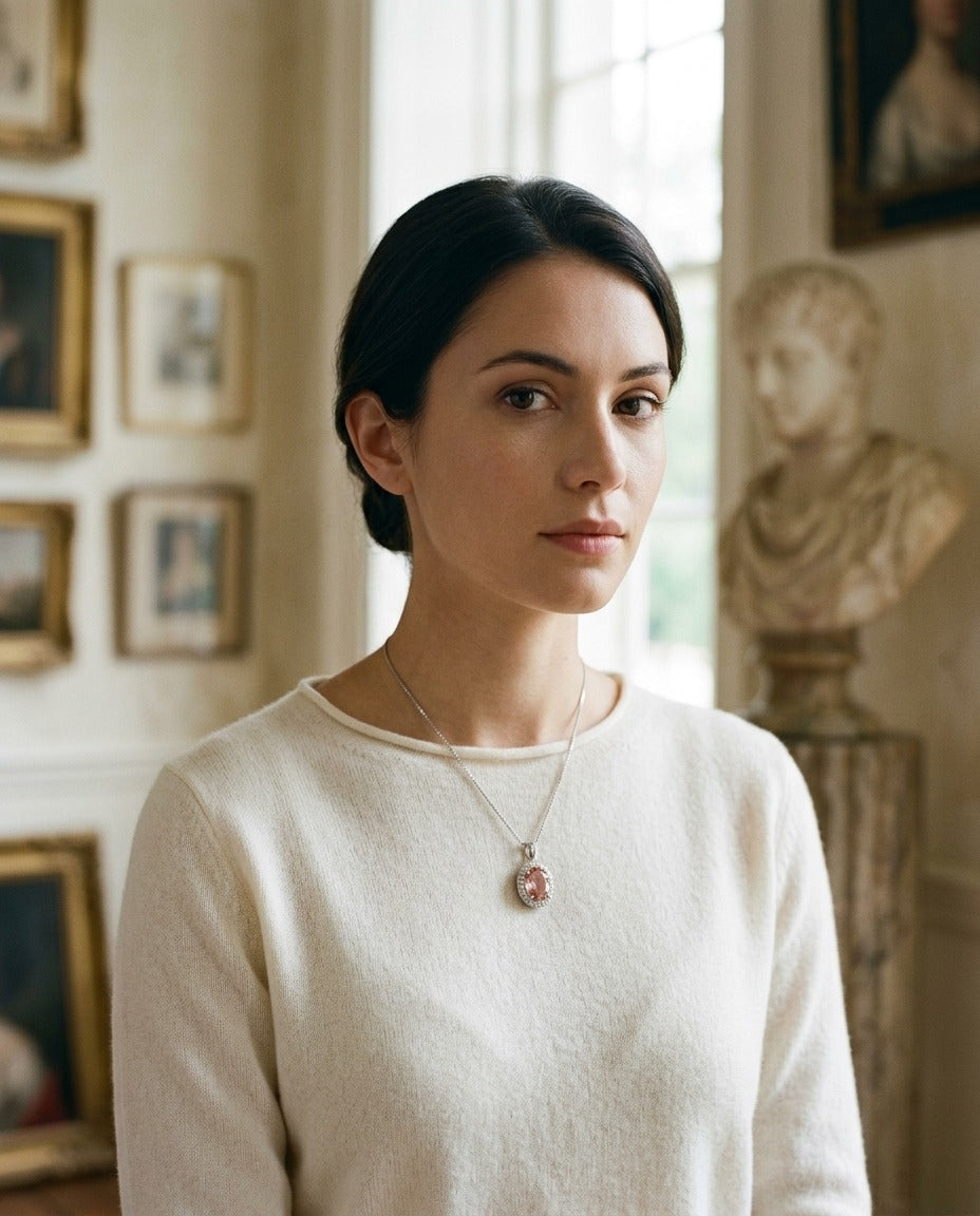 Pink Tourmaline And Diamond Oval Halo Pendant In 14k White Gold — portrait full