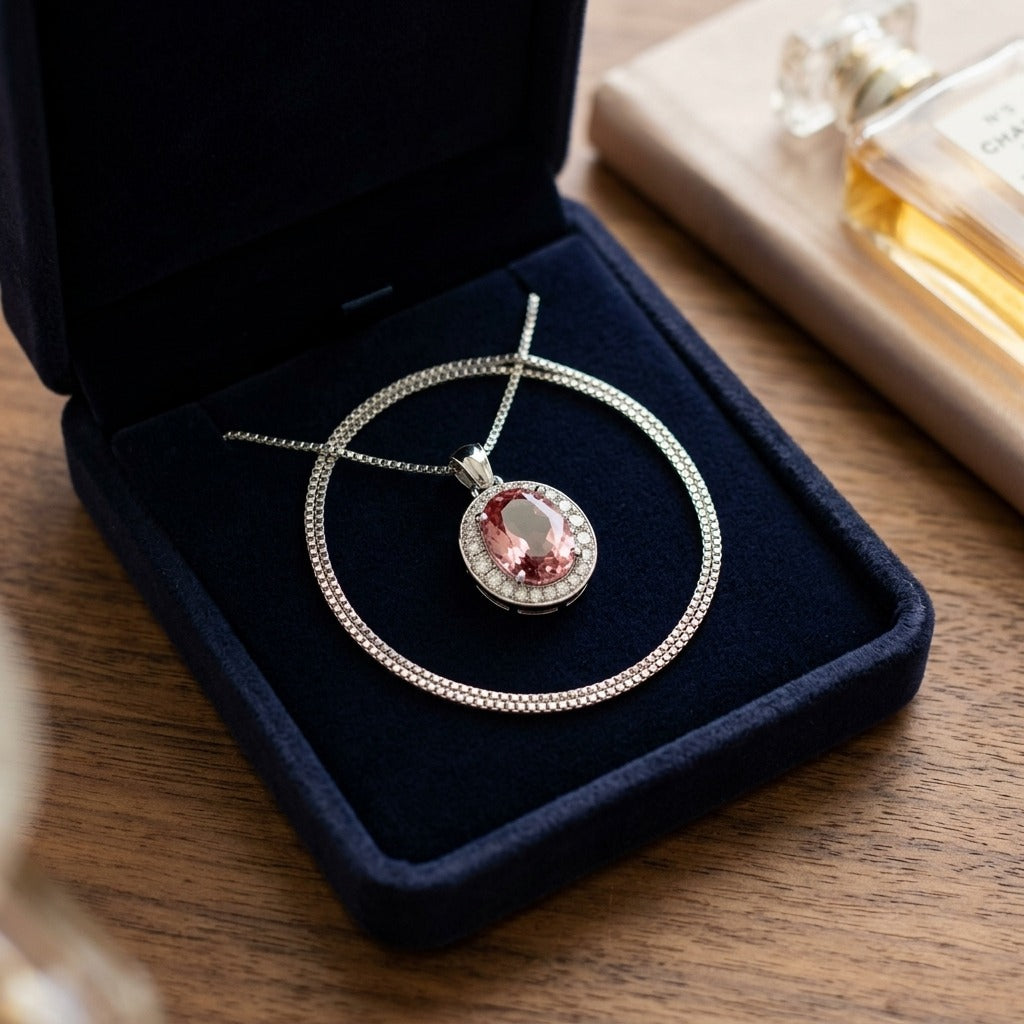 Pink Tourmaline And Diamond Oval Halo Pendant In 14k White Gold — velvet box
