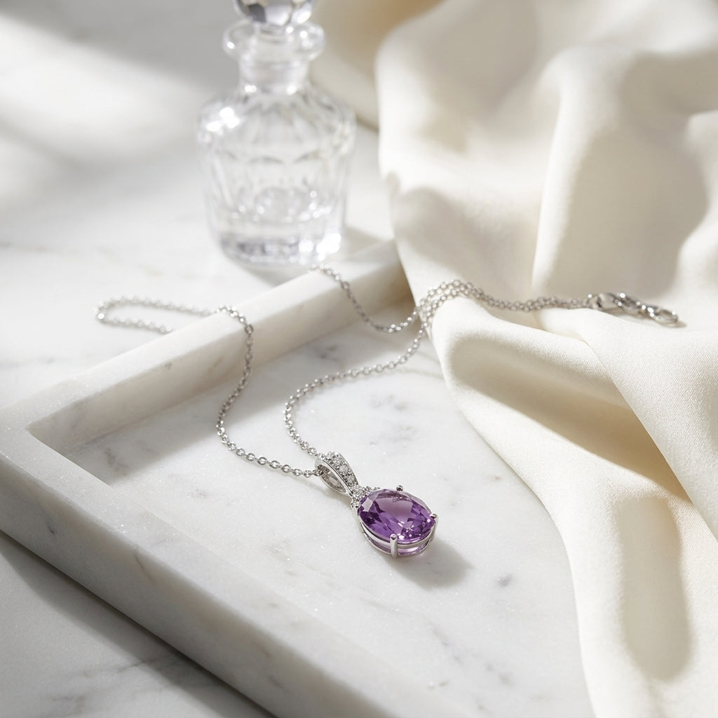 Amethyst Oval And Diamond Pendant In 14k Gold (11x9mm) — atelier still life