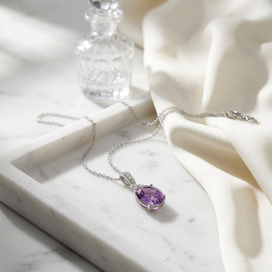 Amethyst Oval And Diamond Pendant In 14k Gold (11x9mm) — atelier still life