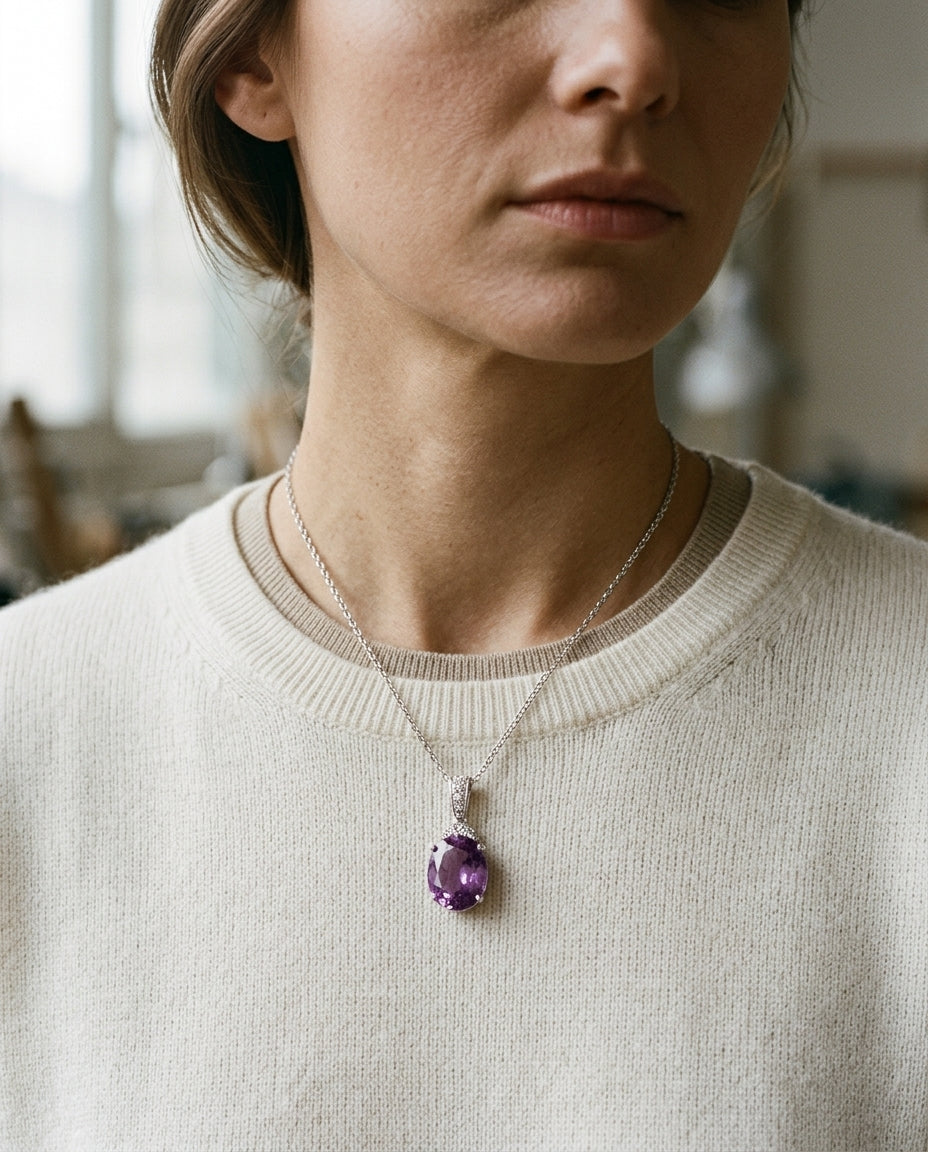 Amethyst Oval And Diamond Pendant In 14k Gold (11x9mm) — editorial close-up