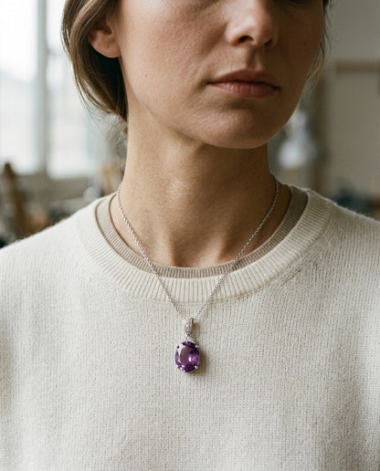 Amethyst Oval And Diamond Pendant In 14k Gold (11x9mm) — editorial close-up