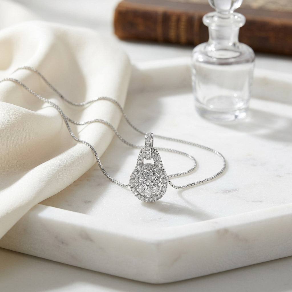 Diamond Halo Arched Hinge Pendant In 14k White Gold — atelier still life
