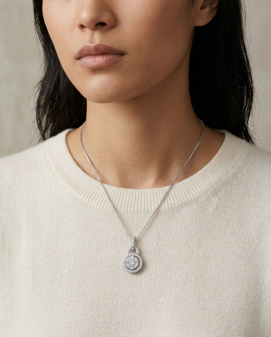 Diamond Halo Arched Hinge Pendant In 14k White Gold — editorial close-up