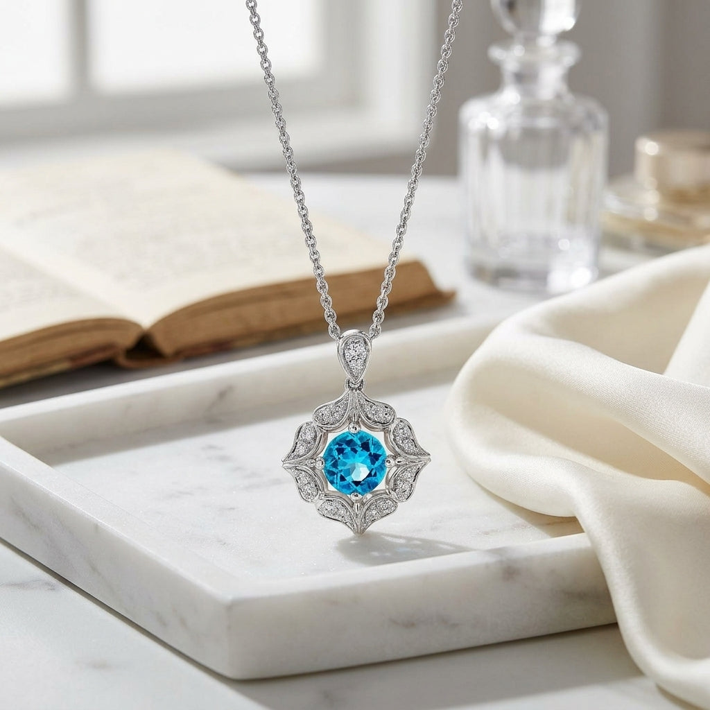 Blue Topaz And Diamond Floral Pendant In 14k White Gold — atelier still life