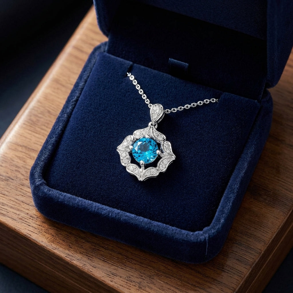 Blue Topaz And Diamond Floral Pendant In 14k White Gold — gift presentation
