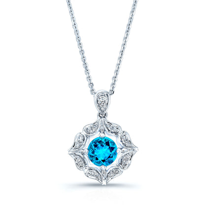 Blue Topaz And Diamond Floral Pendant In 14k White Gold