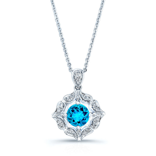 Blue Topaz And Diamond Floral Pendant In 14k White Gold
