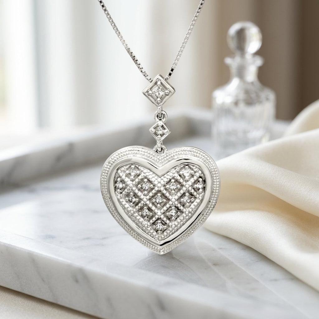 Diamond Quilted Heart Pendant With Milgrain Detail In 14k White Gold — atelier still life
