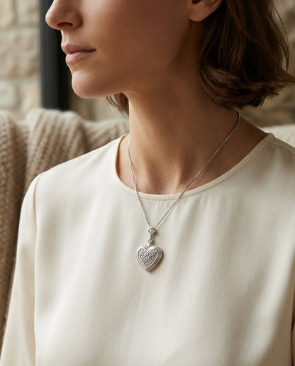 Diamond Quilted Heart Pendant With Milgrain Detail In 14k White Gold — editorial close-up