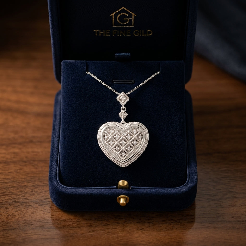 Diamond Quilted Heart Pendant With Milgrain Detail In 14k White Gold — gift presentation