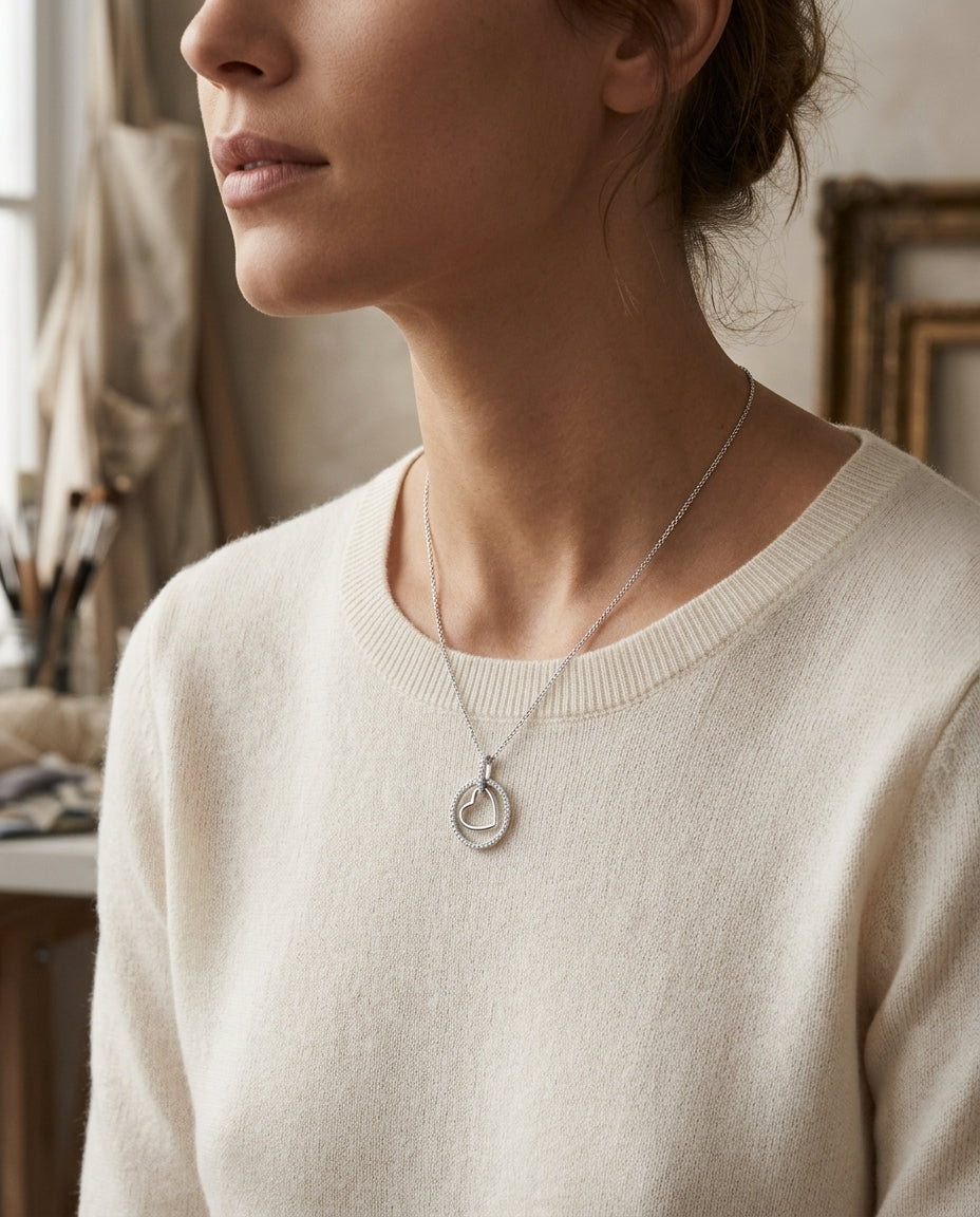 Diamond Heart In Circle Pendant In 14k White Gold — editorial close-up