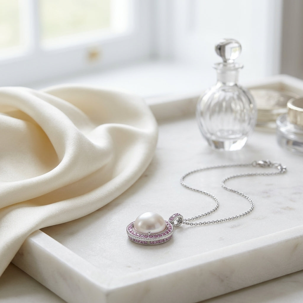 Amethyst Mother Of Pearl And Pink Sapphire Cabochon Pendant In 14k White Gold (17-in Curb Chain) — atelier still life