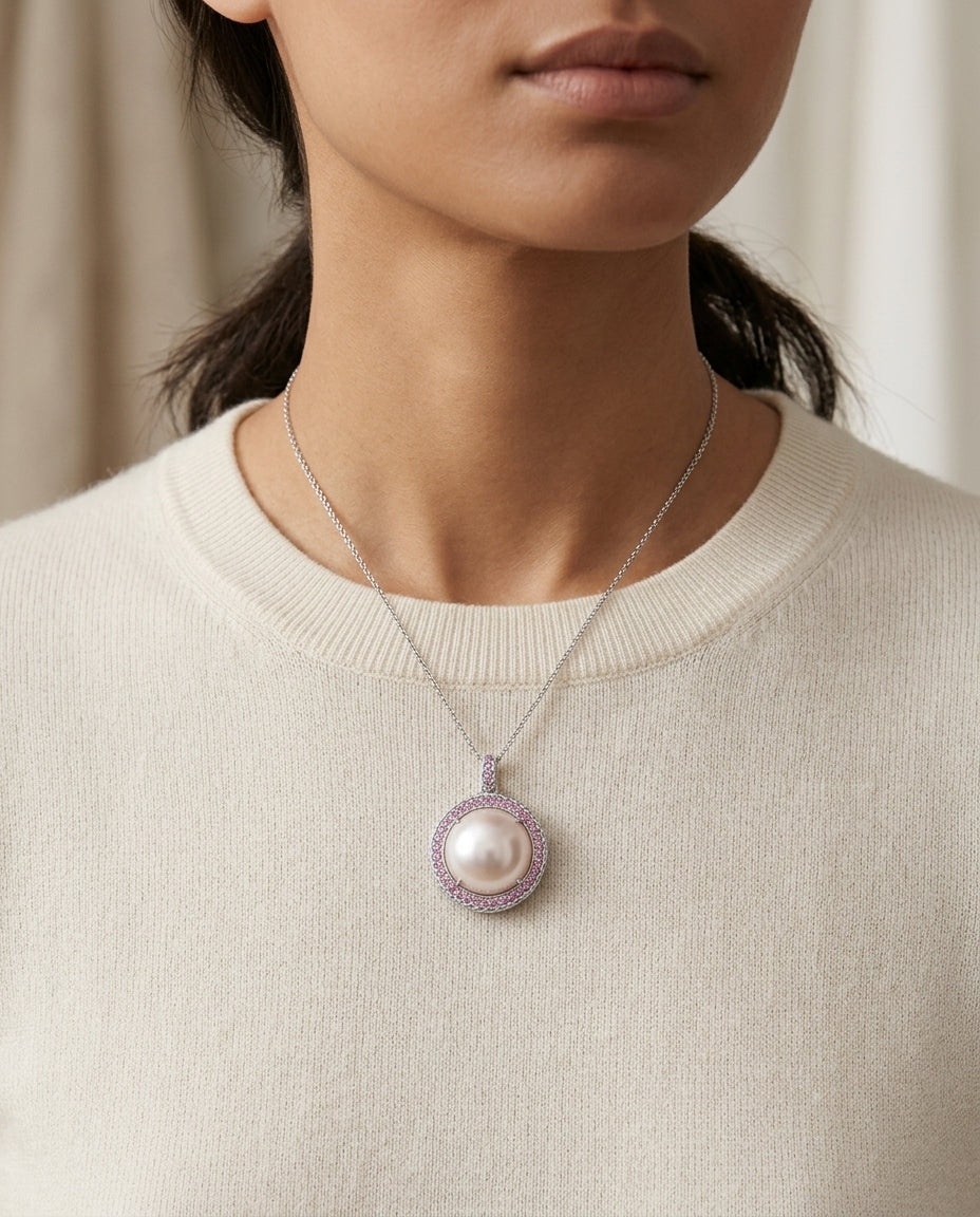 Amethyst Mother Of Pearl And Pink Sapphire Cabochon Pendant In 14k White Gold (17-in Curb Chain) — editorial close-up