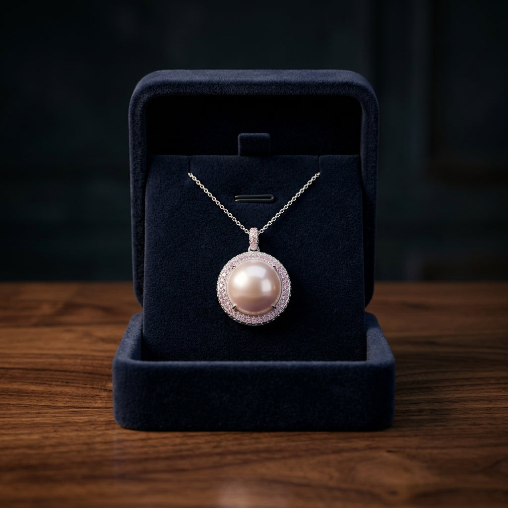 Amethyst Mother Of Pearl And Pink Sapphire Cabochon Pendant In 14k White Gold (17-in Curb Chain) — gift presentation