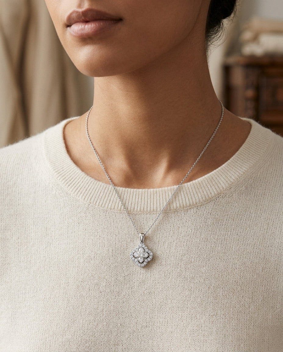 Diamond Clover Halo Pendant In 14k White Gold — editorial close-up