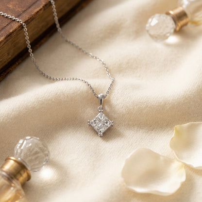 Diamond Princess Invisible Petite Pendant in 14k White Gold, 17-Inch Chain (0.50ctw) — textile flat lay