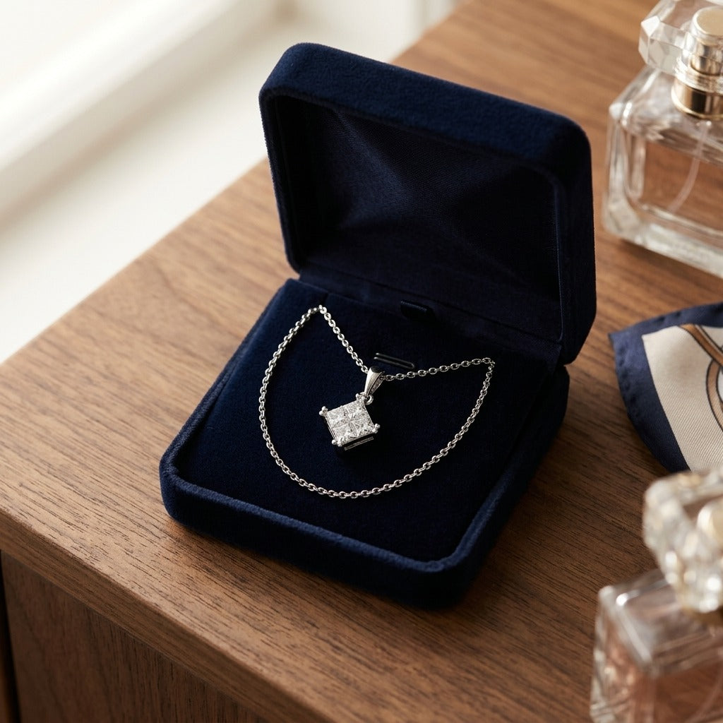 Diamond Princess Invisible Petite Pendant in 14k White Gold, 17-Inch Chain (0.50ctw) — velvet box